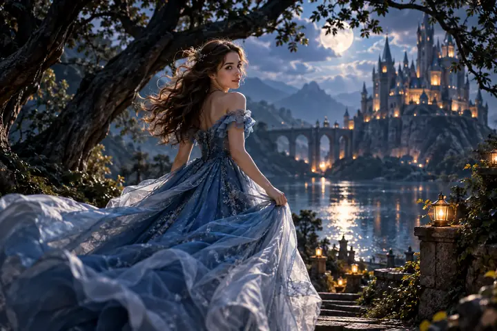 Une héroïne animée vêtue d’une robe bleue tourne sous des arbres sombres dans une scène de film fantastique onirique.