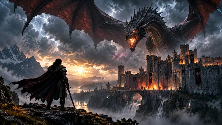 Un dragon sombre et ailé s’élève au-dessus d’un château de pierre sous un ciel d’orage fantastique.