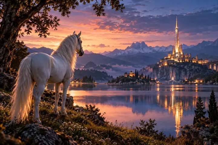 Un cheval blanc se tient au bord d’un lac miroitant tandis qu’une tour illuminée brille au loin au crépuscule.