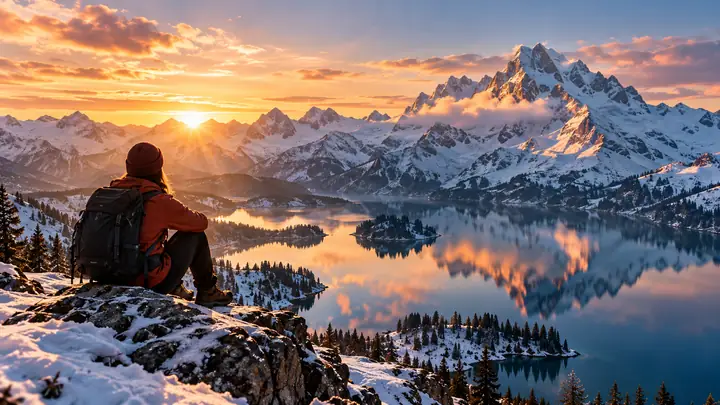 Le soleil perce au-dessus des sommets enneigés et d’un lac alpin immobile à l’aube.
