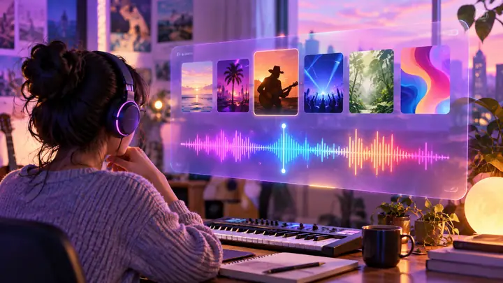 Une interface de création musicale violette affiche des choix de genres et une forme d’onde audio colorée sur un fond pastel.