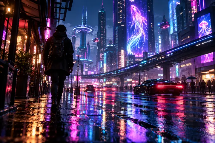 Eine neonbeleuchtete futuristische Stadtstraße nach dem Regen, eingefangen in einer stimmungsvollen, filmreifen Nachtaufnahme.