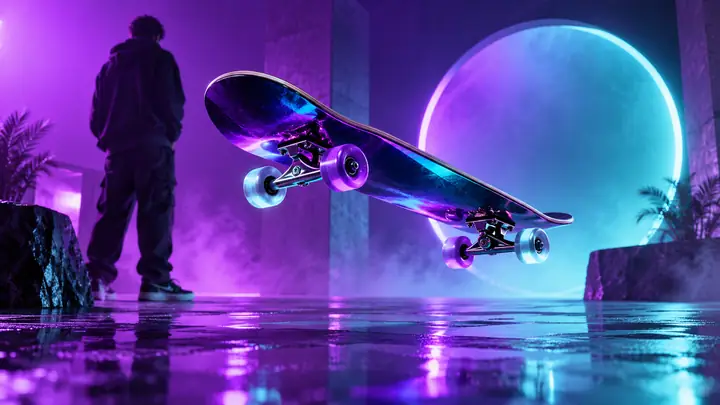 Ein Skateboard schwebt in einem Studio in leuchtendem Lila und Cyan, dargestellt wie ein glänzendes Standbild aus einem Produktfilm.