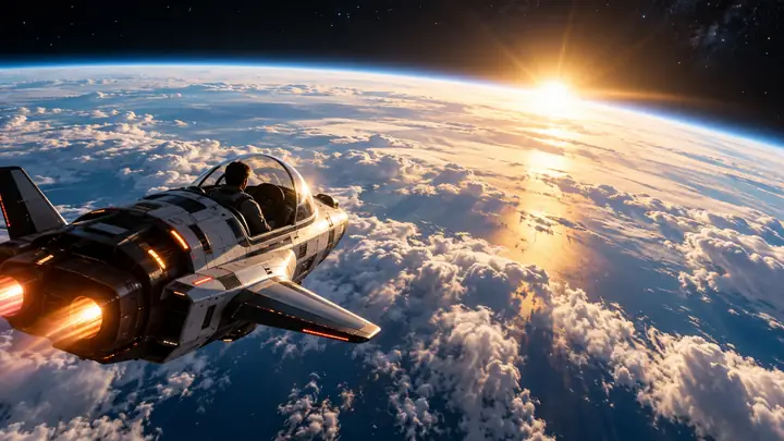 Un petit vaisseau spatial voyage au-dessus des nuages lumineux de la Terre, tandis que la lumière du soleil se répand sur l’horizon.