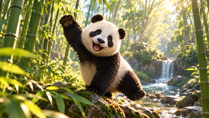 Ein verspielter Panda posiert in einem sonnendurchfluteten Bambuswald, inszeniert wie ein filmreifes Animationsvideo.