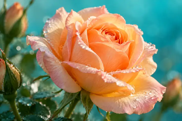 Une rose couleur pêche s’ouvre à côté d’un bouton vert sur un fond turquoise apaisant.