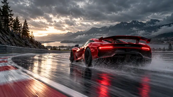 Une supercar rouge file sur un circuit détrempé sous un ciel couvert, dans un plan cinématographique spectaculaire.