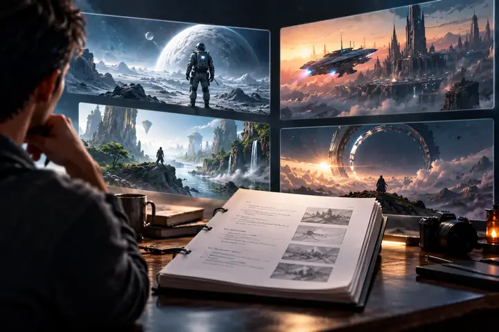 Un court document de scénario apparaît devant plusieurs aperçus de scènes vidéo spectaculaires de science-fiction.