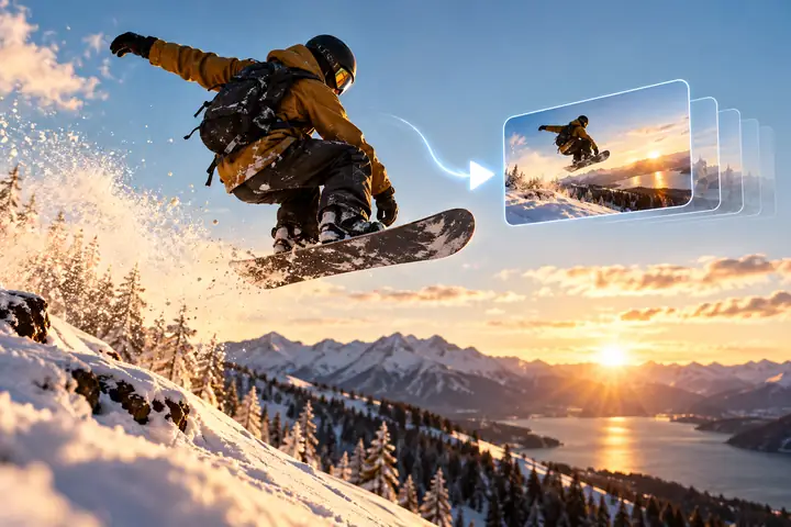 Ein Snowboarder springt über einen sonnigen, verschneiten Hang; neben dem Bild ist eine kleine, elegante Text-zu-Video-Oberfläche zu sehen.