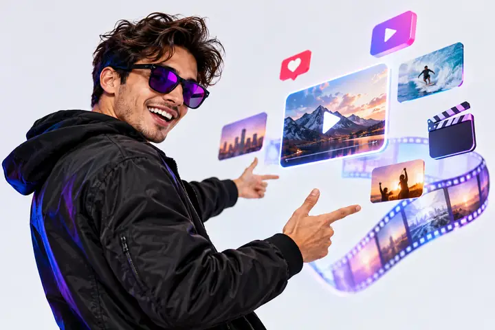 Ein stilvoller junger Videocreator in einer schwarzen Jacke und auffälligen Sonnenbrille deutet vor einem hellen Hintergrund auf Symbole für Social-Media-Videos.