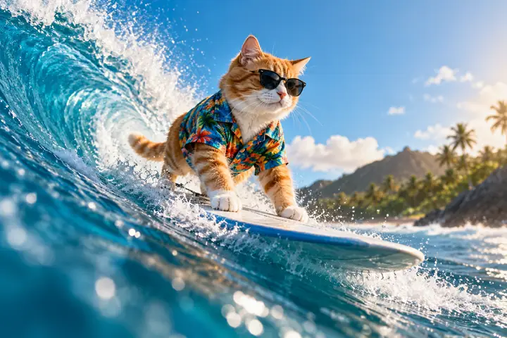 Eine fertige Videovorschau zeigt eine surfende Katze auf einer leuchtend blauen Welle, eingerahmt von einer übersichtlichen Bearbeitungsoberfläche.