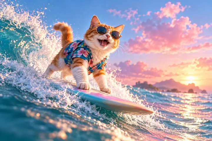 Eine übersichtliche Prompt-Karte mit der Beschreibung einer fröhlichen Katze, die auf Meereswellen surft, vor einem pastellblauen und rosafarbenen Hintergrund.