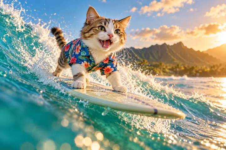 Eine kleine Katze in einem gemusterten Hemd balanciert auf einem Surfbrett über einer türkisfarbenen Welle in einer verspielten, filmischen Szene.