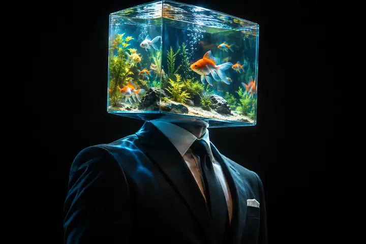 Une personne en tenue de cérémonie, dont la tête est un aquarium lumineux, se tient devant un fond de studio noir.