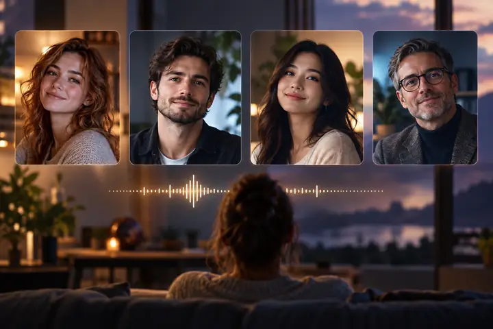 Une interface de sélection de voix soignée présente quatre vignettes de portraits et une courte ligne de texte de narration.