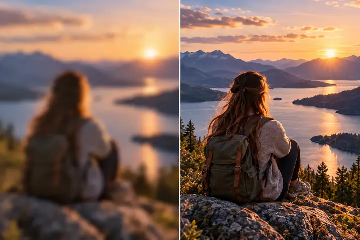 Un portrait en écran partagé présente une image légèrement floutée à côté d’une image vidéo nette et détaillée.