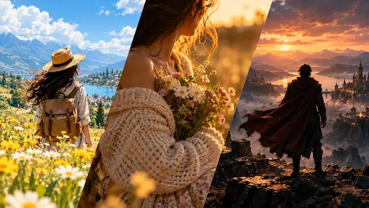Eine stilvolle Collage aus drei Video-Looks: eine illustrierte Person auf Reisen in einem sonnigen Feld, ein warmes Porträt und eine dramatische Filmszene.