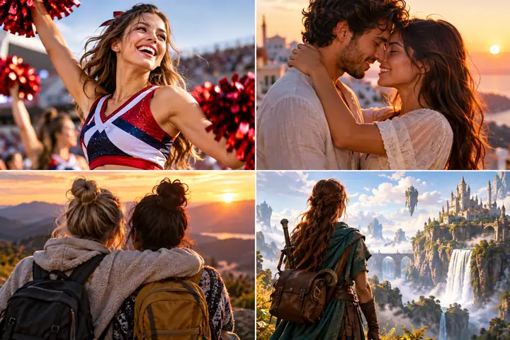 Vier farbenfrohe Vorschaubilder für Videogeschichten zeigen eine Cheerleaderin, ein verliebtes Paar, eine herzliche Umarmung und eine fantasievolle Person auf Reisen.